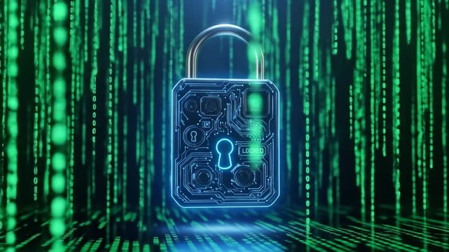 Digital security lock protection with matrix data background, cybersecurity concept
