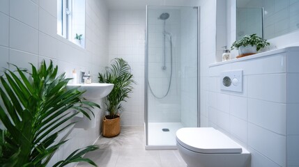 Obraz premium Modern family bathroom walk-in shower white tiles plants natural light interior design spa 