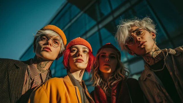 Non-Binary Friends Expressive Fashion Posing Modern Architecture Editorial