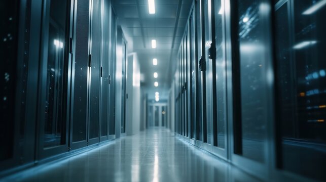 Modern data center interior servers technology blue digital infrastructure cloud computing	