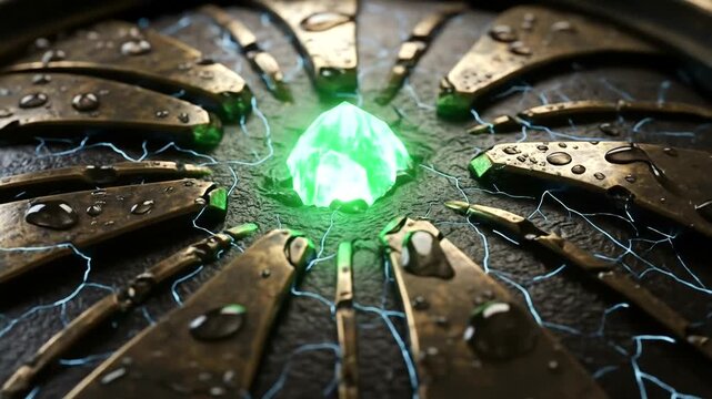 Close-up of a mystical green gem surrounded by metallic shards and water droplets, suggesting power