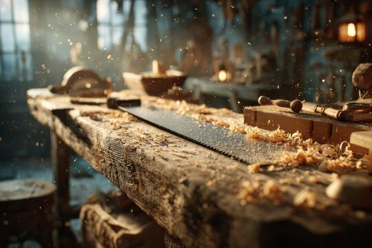 Nostalgic carpenter workbench with handsaw hammer tools vintage wood dust sunlit workshop traditional craft	