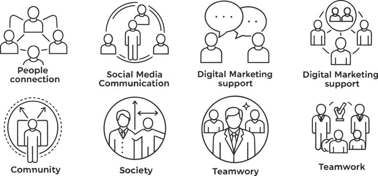 Business communication teamwork icons, people connection concept, social media marketing, community management, corporate collaboration symbols, cad drawing flat vector illustration