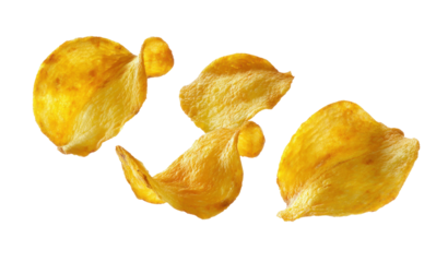 Three yellow potato chips floating levitating air motion food photography crispy snack white background	