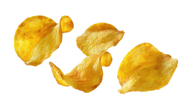 Three yellow potato chips floating levitating air motion food photography crispy snack white background	