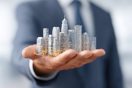Businessman holding miniature residential complex model in open palm symbolizing real estate investment property development urban planning	