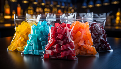 A vibrant collection of sweet food and colorful drinks in a row generated by AI