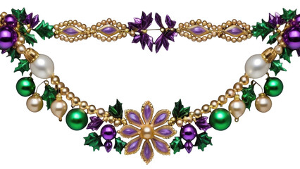 Elegant Christmas garland with gold leaves, green accents, and hanging purple and pearl ornaments, perfect for festive banners and holiday invitations.