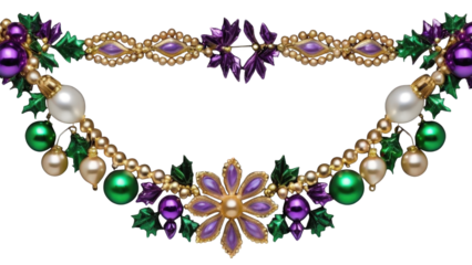 Elegant Christmas garland with gold leaves, green accents, and hanging purple and pearl ornaments, perfect for festive banners and holiday invitations.