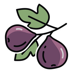 a minimalist modern vector icon of a fig branch, using plum purple, dusty pink, and muted green hues, isolated on a solid white background.
