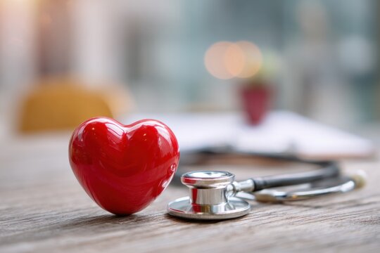 Red heart and medical stethoscope on table symbolizing healthcare wellness cardiac health diagnosis patient care physician