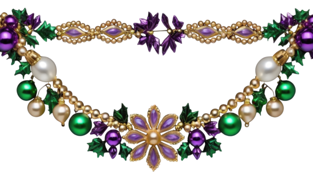 Elegant Christmas garland with gold leaves, green accents, and hanging purple and pearl ornaments, perfect for festive banners and holiday invitations.