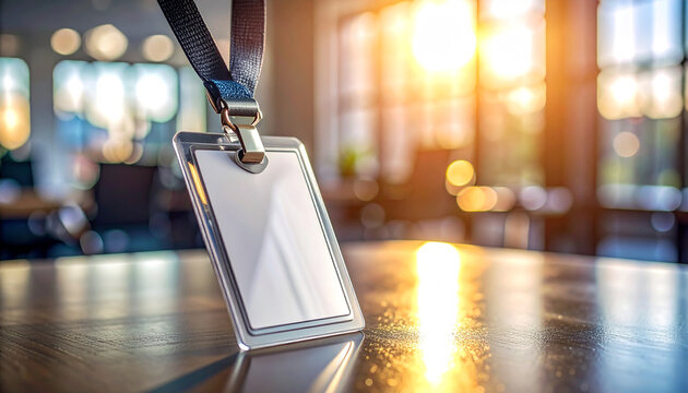 Id Card on Wooden Table: A sleek identification card rests on a polished wooden surface, illuminated by the warm glow of natural light. It's a symbol of belonging and access in a bright.
