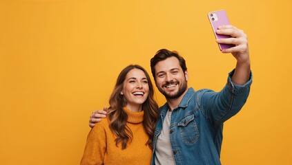 Joyful couple taking vibrant selfie with purple smartphone on bright yellow backdrop enjoying life together filled with happiness and fun