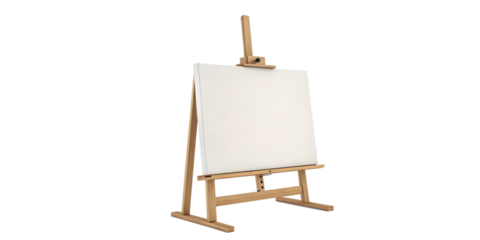 A wooden artist s easel holding a blank white canvas ready for painting isolated on transparent background