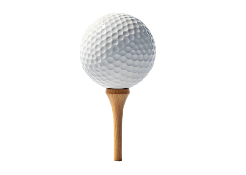 A pristine white golf ball with dimpled texture is perfectly positioned on a wooden golf tee isolated on transparent background