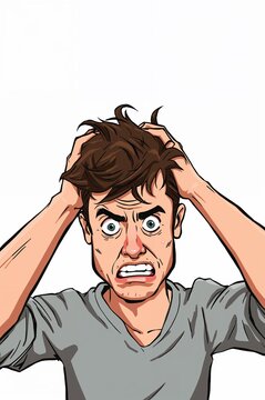 Stressed man pulling his hair out in desperation over challenges, showing anxiety, panic, and frustration for mental health concepts