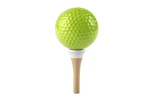 Bright neon green golf ball perched on a wooden golf tee isolated on transparent background