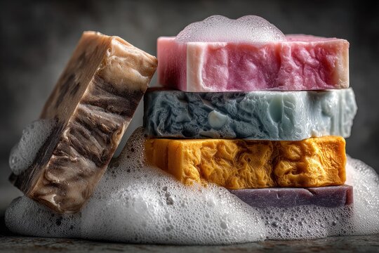 Editorial style photograph of five colorful soap bars product styling concept for beauty personal care industry