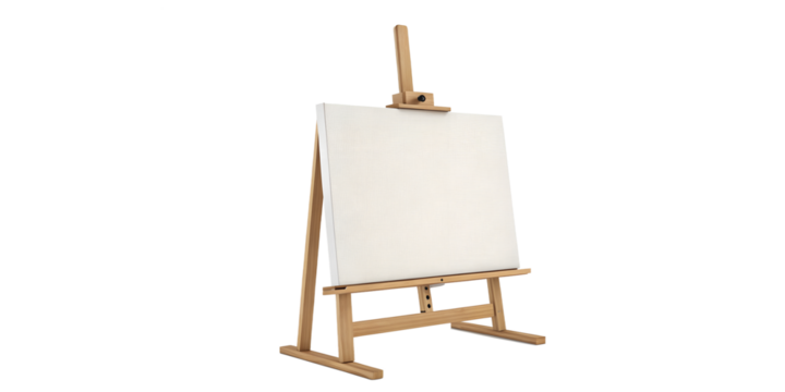 A wooden artist s easel holding a blank white canvas ready for painting isolated on transparent background - Powered by Adobe