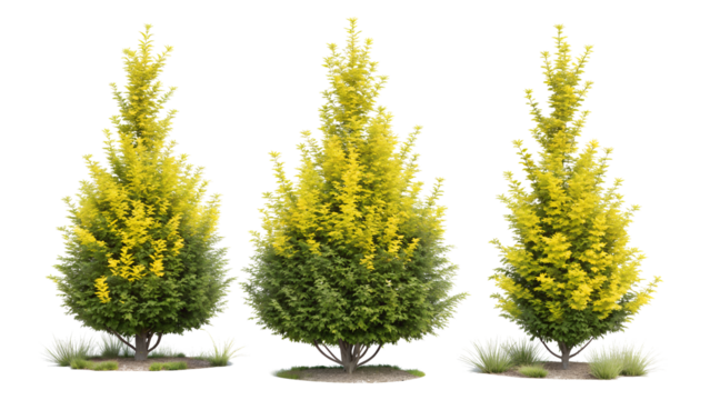 Three tall conical evergreen trees with vibrant yellow foliage and green lower branches isolated on transparent background