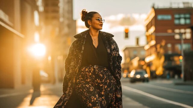 Plus-Size Woman Fashionable Clothes Modern City Street Golden Hour