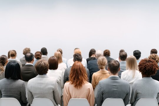 Large group of thirty professionals sitting in modern meeting room showing business conference collaboration concept