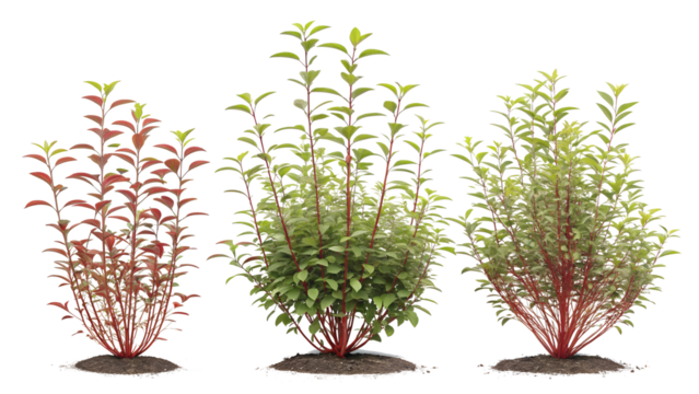 Three artificial aquarium plants with red and green foliage and brown bases isolated on transparent background