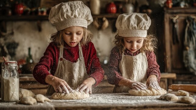 Happy children between six and twelve years kneading and decorating pastries baking activity concept for family