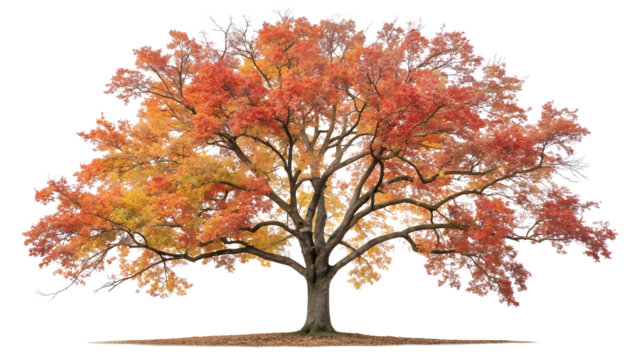 Vibrant autumn tree with fiery red orange and yellow leaves isolated on transparent background