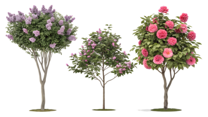 Three decorative ornamental trees with lush foliage and blooming flowers isolated on transparent background