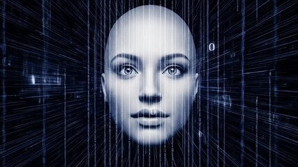 Calm Futuristic Bald Human Face Emerging In Blue Digital Data Streams With Glowing Grid Lines And Virtual Interface - Powered by Adobe