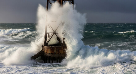 Waves crashing against a wooden structure in the ocean during a storm