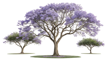 Beautiful jacaranda tree with delicate purple blossoms and two smaller green trees isolated on transparent background