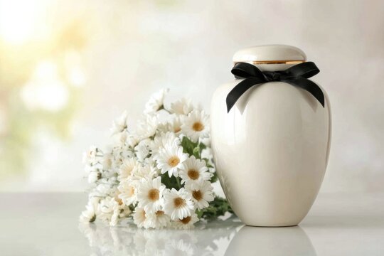 Ceramic cremation urn black ribbon and white flowers showing memorial tribute concept for funeral remembrance
