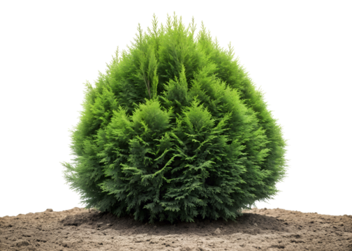 A vibrant green conical evergreen shrub with dense foliage isolated on a transparent background isolated on transparent background