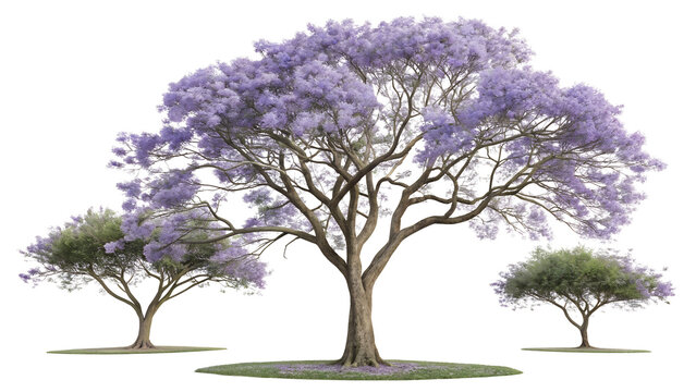 Beautiful jacaranda tree with delicate purple blossoms and two smaller green trees isolated on transparent background