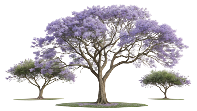 Beautiful jacaranda tree with delicate purple blossoms and two smaller green trees isolated on transparent background