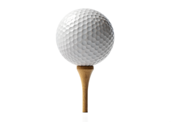 A white textured golf ball perfectly perched on a wooden golf tee isolated on transparent background