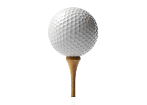 A white textured golf ball perfectly perched on a wooden golf tee isolated on transparent background