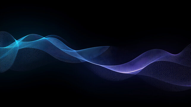 Abstract particle wave background in shades of blue and purple on black backdrop for data visualization and technology themes
