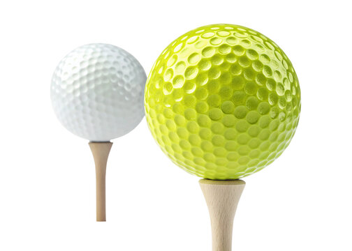 Two golf balls one white one yellow sitting on wooden tees isolated on transparent background