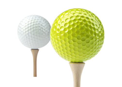Two golf balls one white one yellow sitting on wooden tees isolated on transparent background