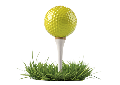 Bright yellow golf ball perched on a white tee with green grass blades isolated on transparent background