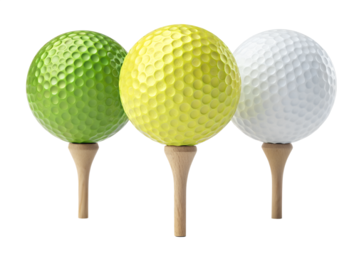 Three colorful golf balls in green yellow and white sit atop wooden tees isolated on transparent background