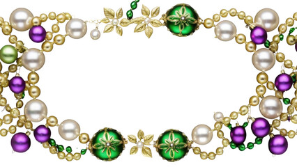 Decorative border of golden leaves and colorful bauble ornaments, ideal for winter celebration designs or seasonal greeting cards.