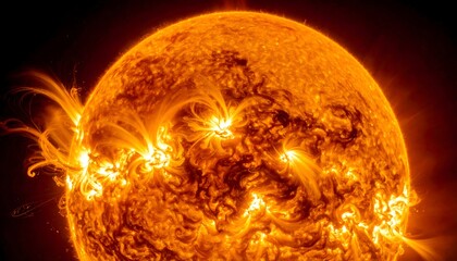 The sun's corona ejects fiery prominences. A vibrant, dynamic display of energy and heat in space