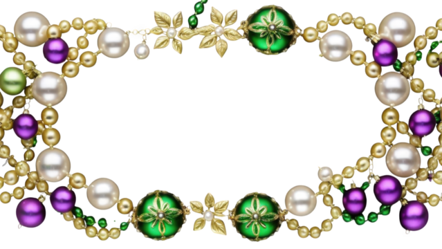 Decorative border of golden leaves and colorful bauble ornaments, ideal for winter celebration designs or seasonal greeting cards.