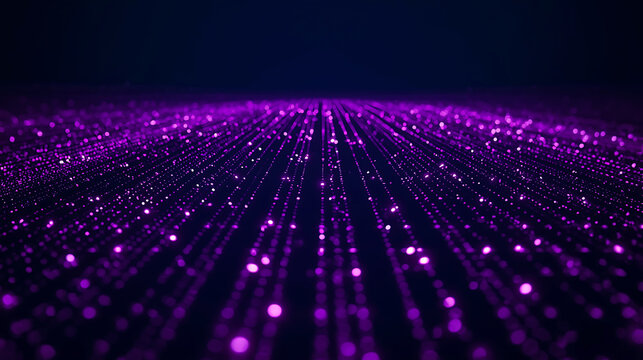 Abstract purple data stream background with shining particles and digital network structure