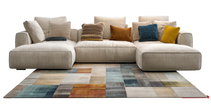 Contemporary living room beige sectional sofa geometric rug interior design home decoration for lifestyle	